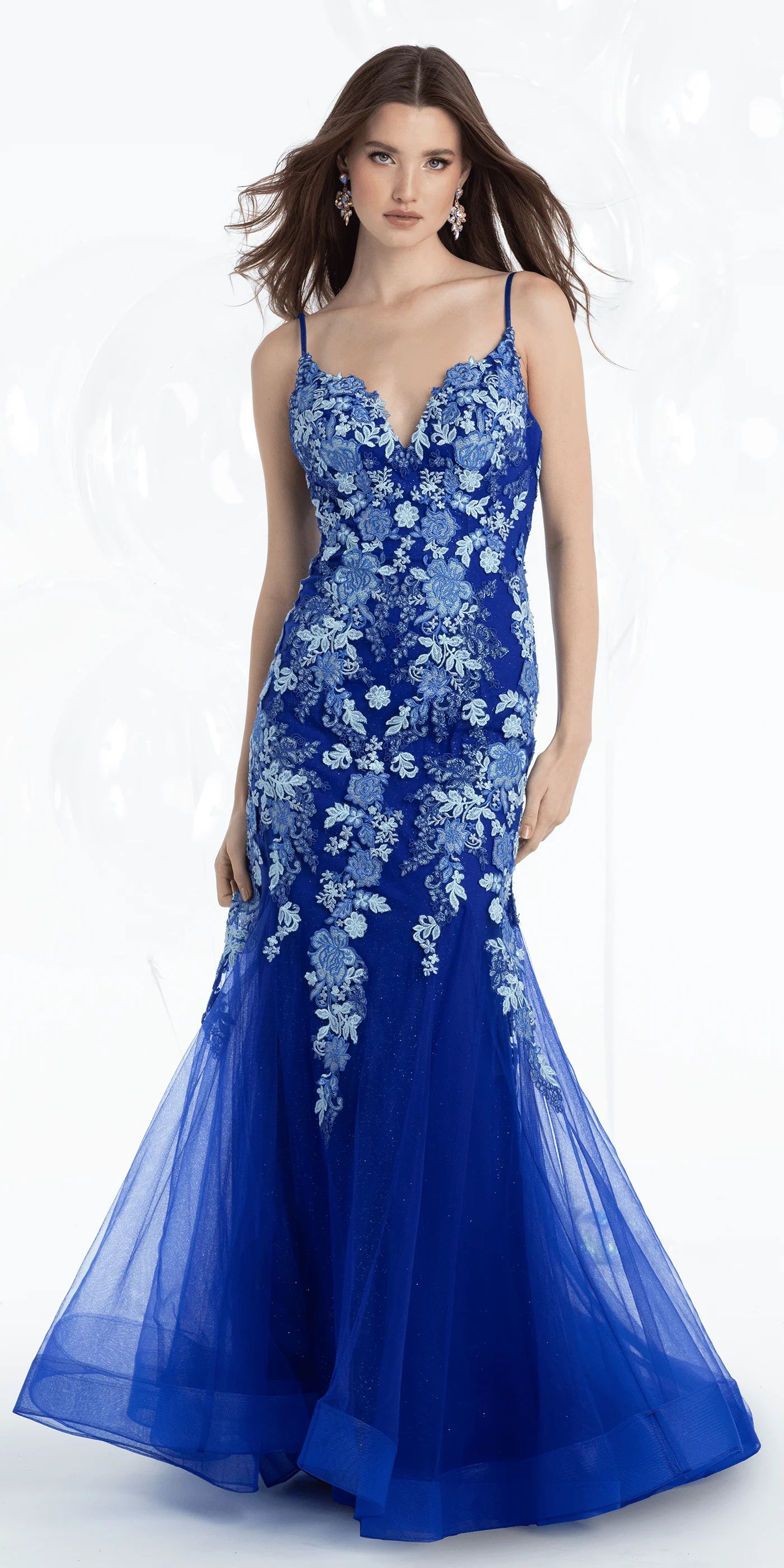 Stunning Royal Blue Floral Lace V-Neck Spaghetti Strap Back Zip Mermaid Tulle Prom Dress