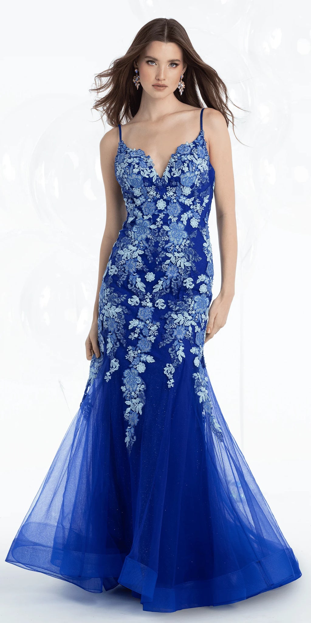 Blue Floral Lace & Glitter Tulle Mermaid Floor-Length Evening Dress