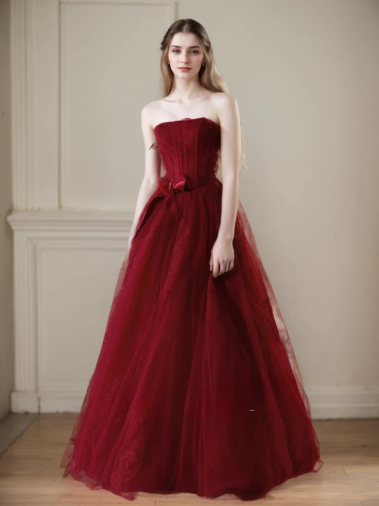 Stunning Velvet Tulle A-Line Sweetheart Strapless Lace-Up Back Floor-Length Evening Dresses