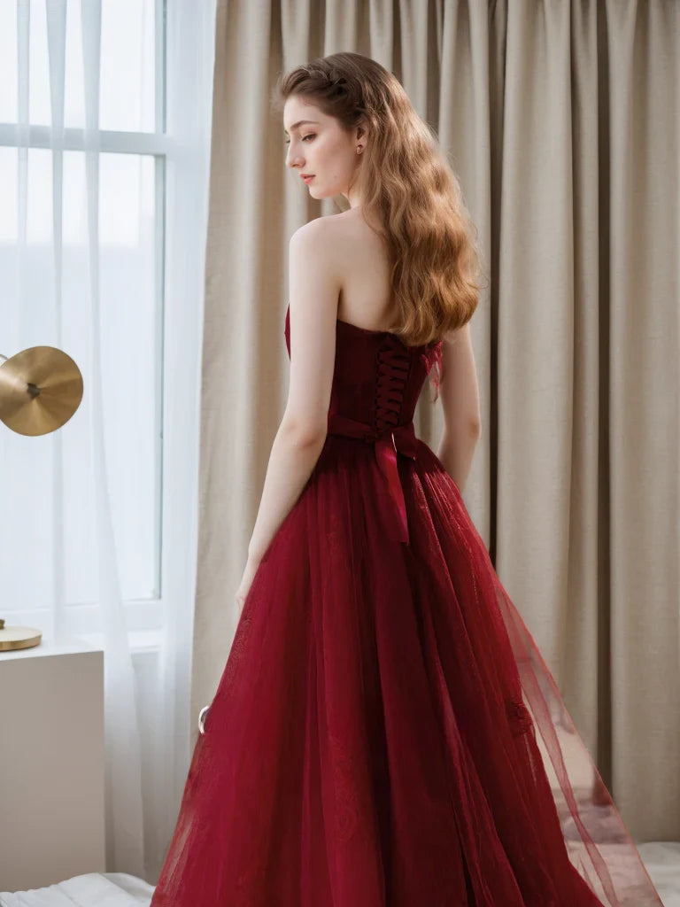 Stunning Velvet Tulle A-Line Sweetheart Strapless Lace-Up Back Floor-Length Evening Dresses