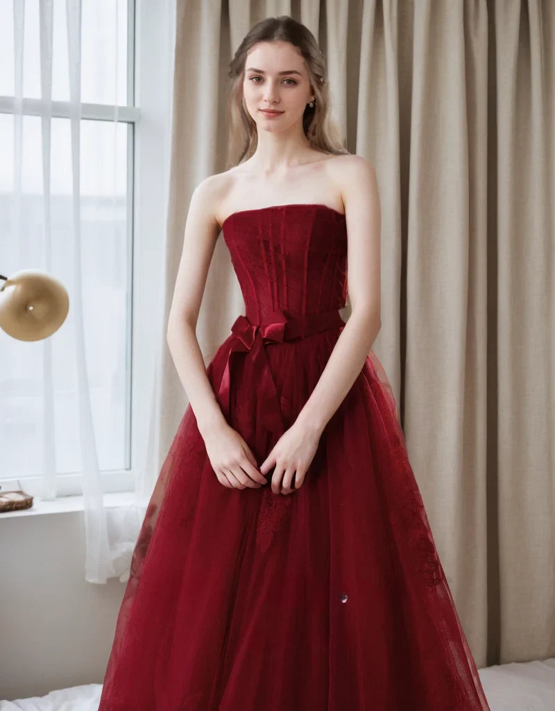 Stunning Velvet Tulle A-Line Sweetheart Strapless Lace-Up Back Floor-Length Evening Dresses