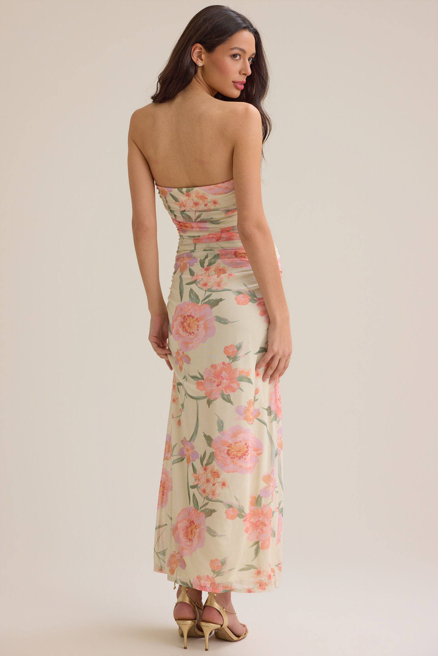 Sultry Floral Print Strapless Ruched Side Form-Fitting Midi Prom Dresses
