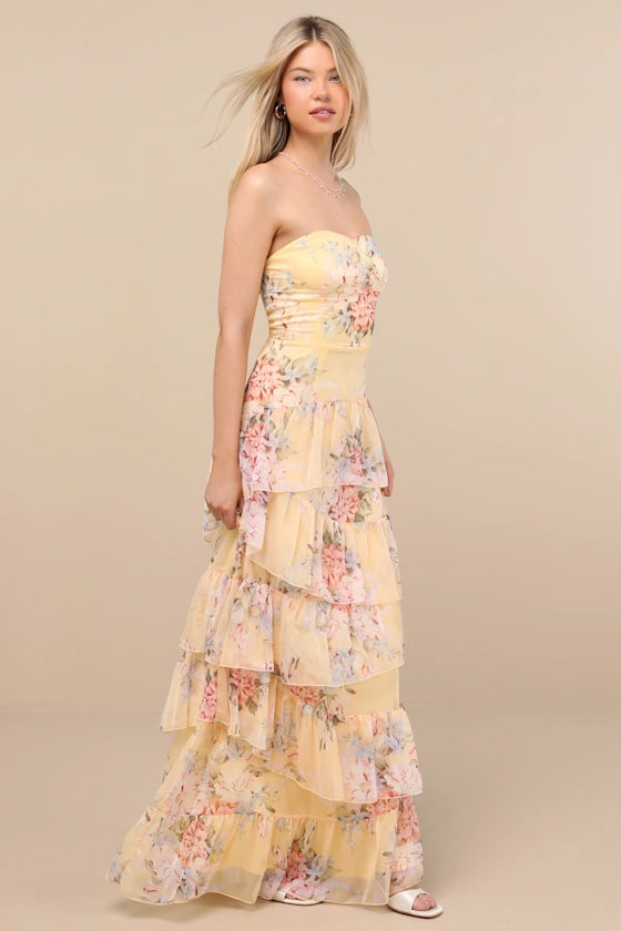 Sunny Floral Print Chiffon Maxi Strapless Ruched Sleeveless Tiered Ruffle Prom Dresses