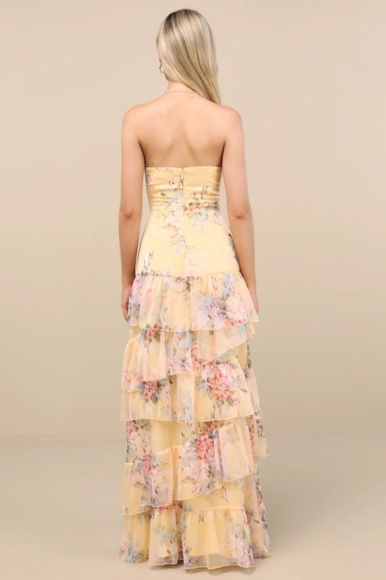Sunny Floral Print Chiffon Maxi Strapless Ruched Sleeveless Tiered Ruffle Prom Dresses