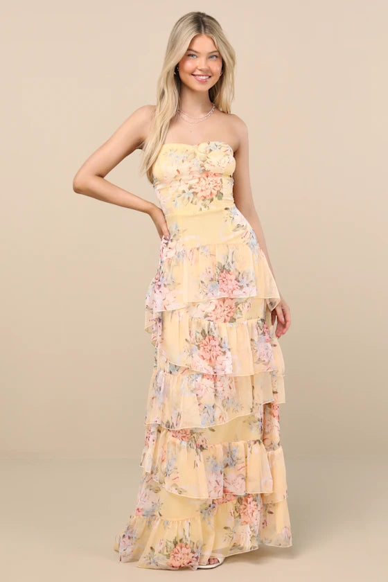 Sunny Floral Print Chiffon Maxi Strapless Ruched Sleeveless Tiered Ruffle Prom Dresses