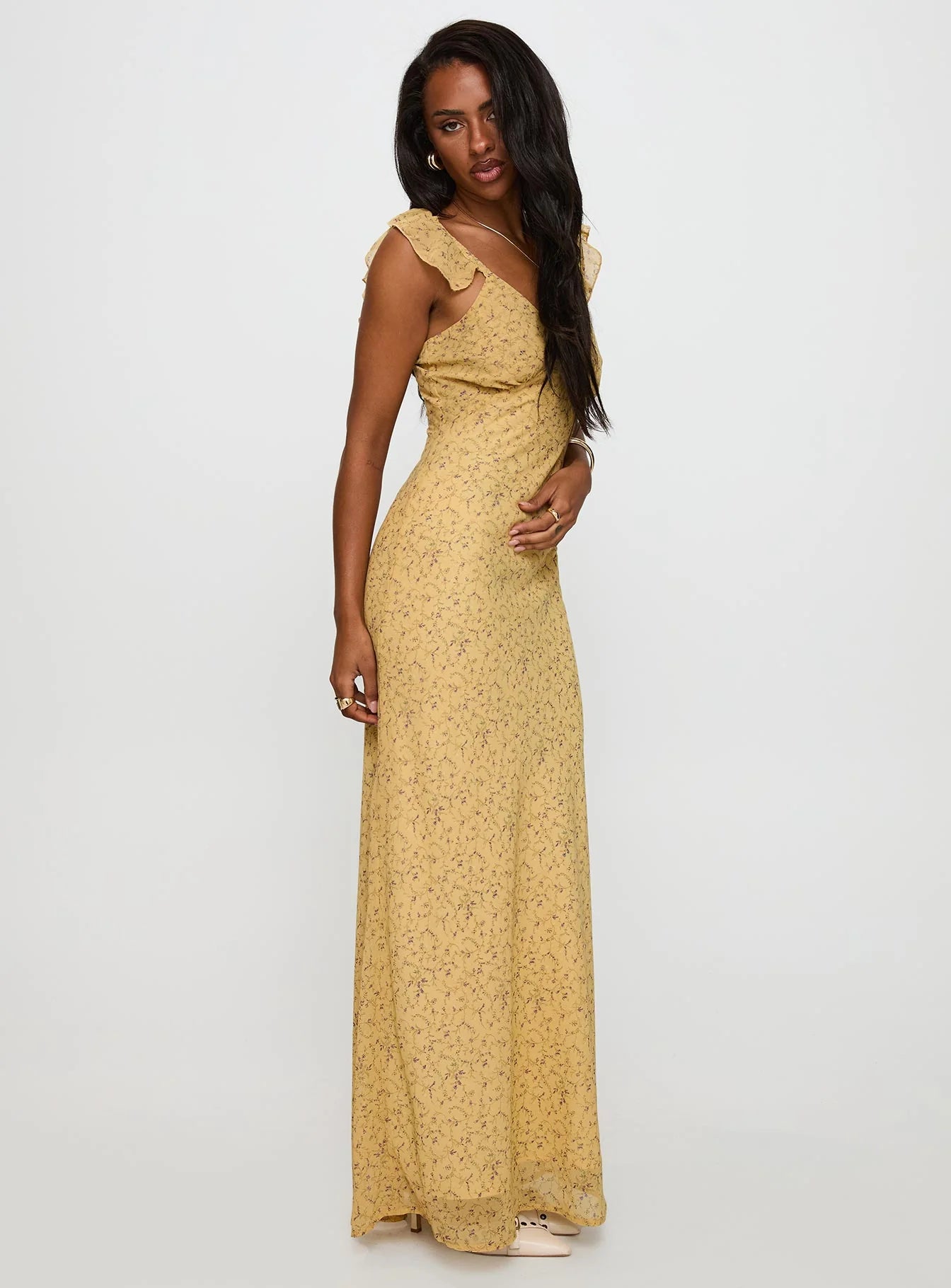Sunny Flowy V-Neck Ruffle Strap Open Back Maxi Ditsy Floral Print Prom Dress