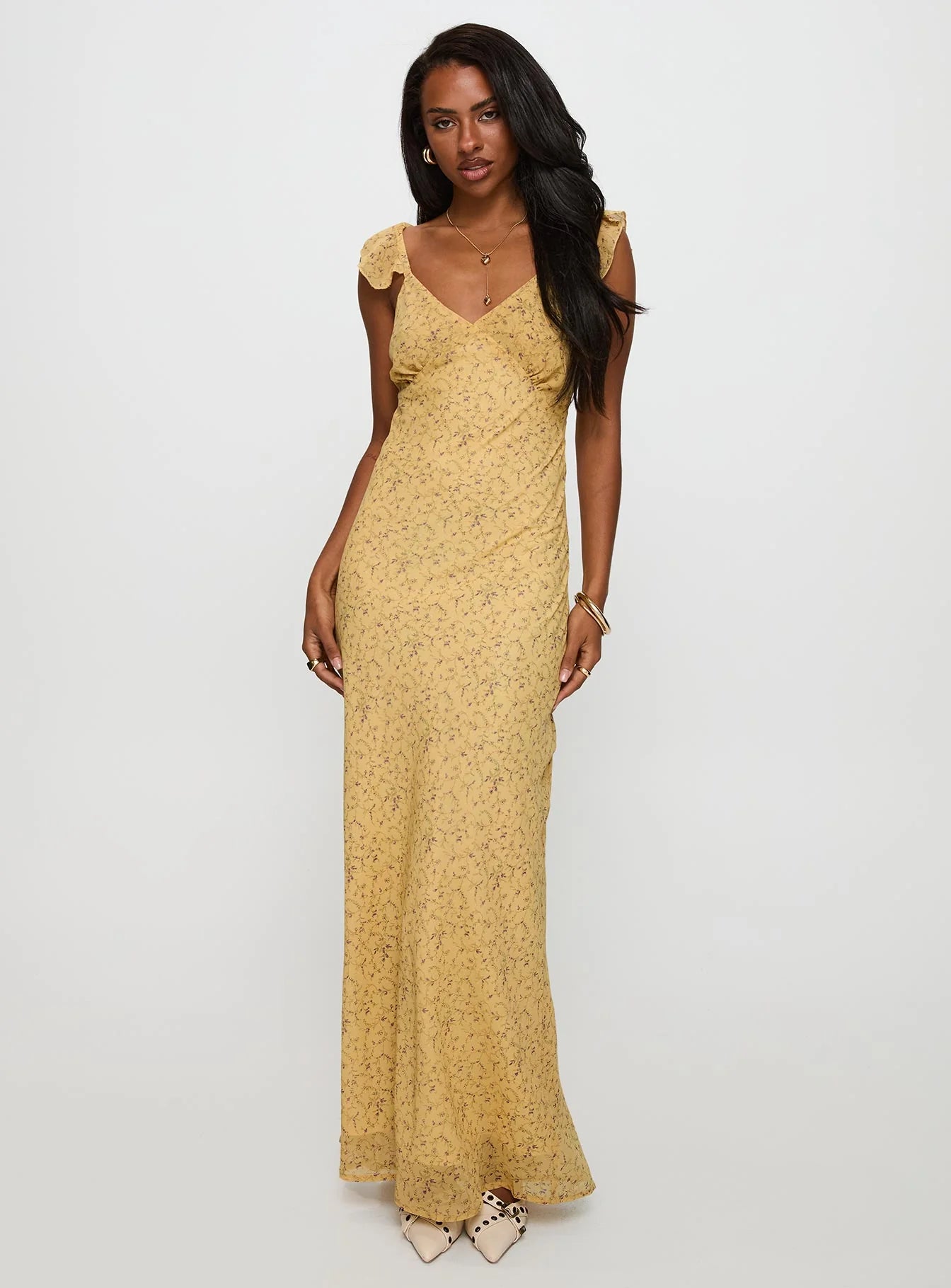 Sunny Flowy V-Neck Ruffle Strap Open Back Maxi Ditsy Floral Print Prom Dress