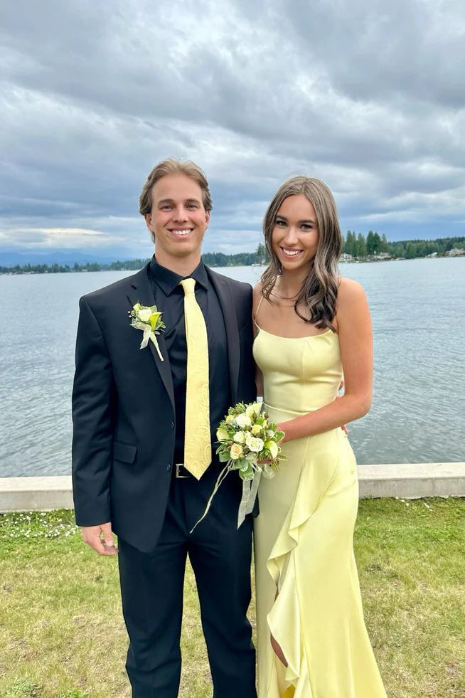 Sunny Satin Prom Dresses with Spaghetti Straps, Lace-Up Back, High Slit and Ruffle Detail Formal Gown