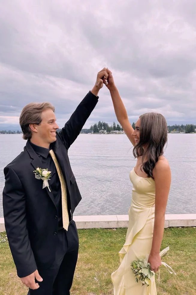 Sunny Satin Prom Dresses with Spaghetti Straps, Lace-Up Back, High Slit and Ruffle Detail Formal Gown