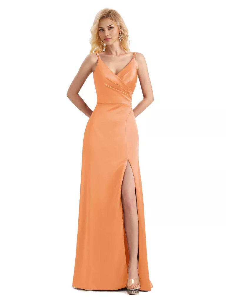 Vestido de dama de honor largo, formal, cruzado, sin mangas, con escote en V y abertura lateral de satén suave y sencillo