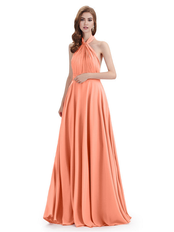 Simple A-Line High Neck Halter Sleeveless Pleats Chiffon Floor Length Bridesmaid Dresses