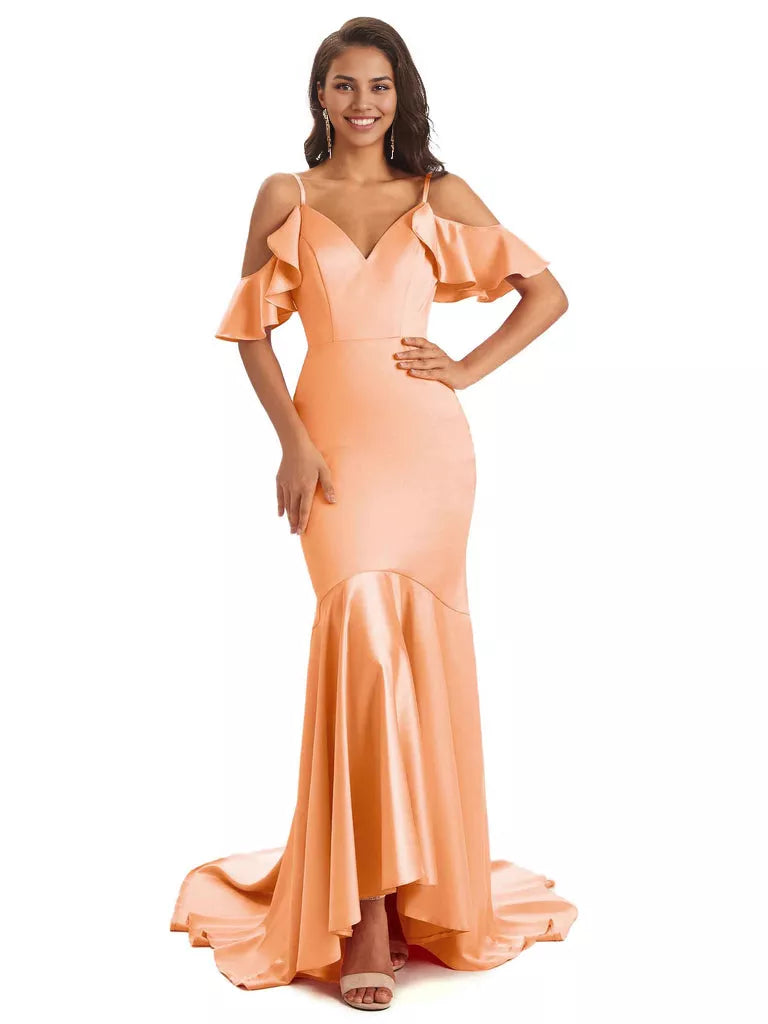 Soft Satin Asymmetric Spaghetti Straps Sleeveless Mermaid Cold Shoulder Bridesmaid Dresses