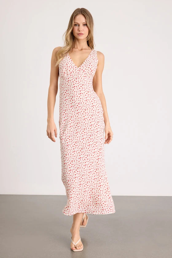 Sweet Delicate Ditsy Floral Print A-Line Silhouette V Neck Sleeveless Spaghetti Straps Fitted Bodice Flounce Hem Midi Length Lightweight Woven Fabric Prom Dress
