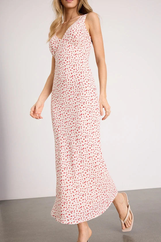 Sweet Delicate Ditsy Floral Print A-Line Silhouette V Neck Sleeveless Spaghetti Straps Fitted Bodice Flounce Hem Midi Length Lightweight Woven Fabric Prom Dress
