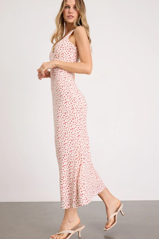 Sweet Delicate Ditsy Floral Print A-Line Silhouette V Neck Sleeveless Spaghetti Straps Fitted Bodice Flounce Hem Midi Length Lightweight Woven Fabric Prom Dress