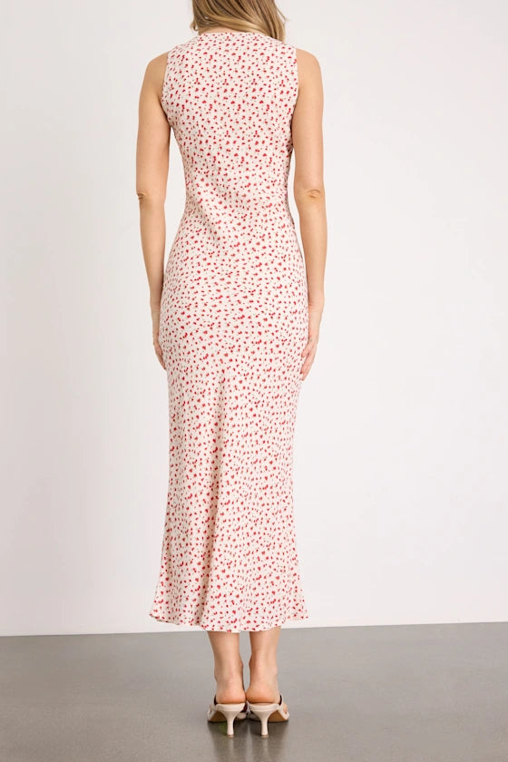 Sweet Delicate Ditsy Floral Print A-Line Silhouette V Neck Sleeveless Spaghetti Straps Fitted Bodice Flounce Hem Midi Length Lightweight Woven Fabric Prom Dress