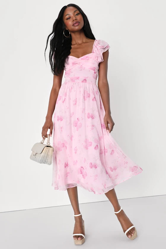 Sweet Delicate Pink Floral Print A-Line Silhouette Sweetheart Neck Ruffled Cap Sleeve Tie Back Midi Chiffon Prom Dress