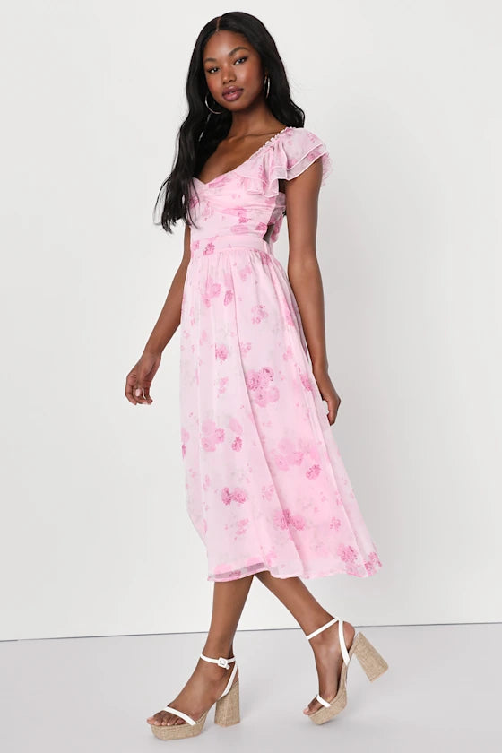Sweet Delicate Pink Floral Print A-Line Silhouette Sweetheart Neck Ruffled Cap Sleeve Tie Back Midi Chiffon Prom Dress