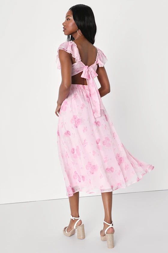 Sweet Delicate Pink Floral Print A-Line Silhouette Sweetheart Neck Ruffled Cap Sleeve Tie Back Midi Chiffon Prom Dress