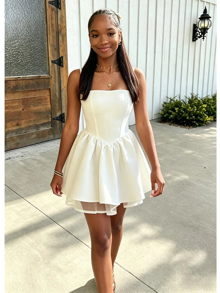 Sweet Fit-and-Flare Square Wide Strap Plain Zip Back Tulle Mini Homecoming Dress