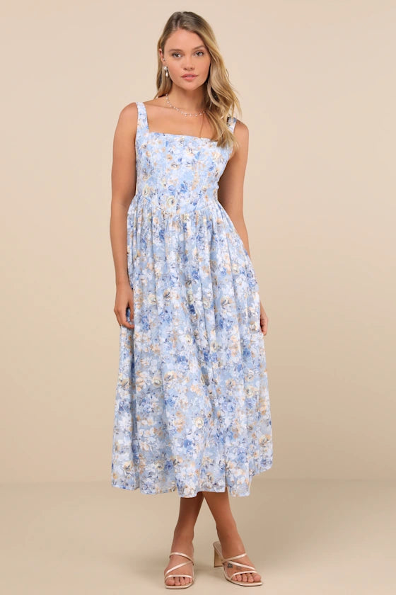 Sweet Floral Print Cotton Midi Square Neck Sleeveless Pleated Detail Casual Summer Dresses