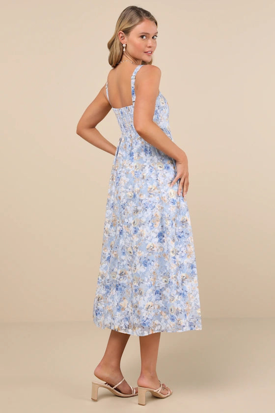 Sweet Floral Print Cotton Midi Square Neck Sleeveless Pleated Detail Casual Summer Dresses