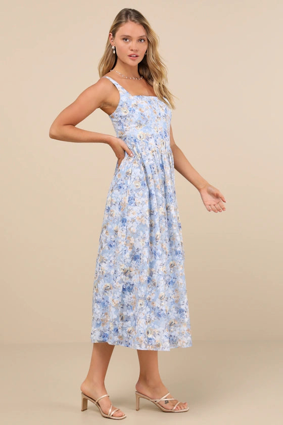 Sweet Floral Print Cotton Midi Square Neck Sleeveless Pleated Detail Casual Summer Dresses