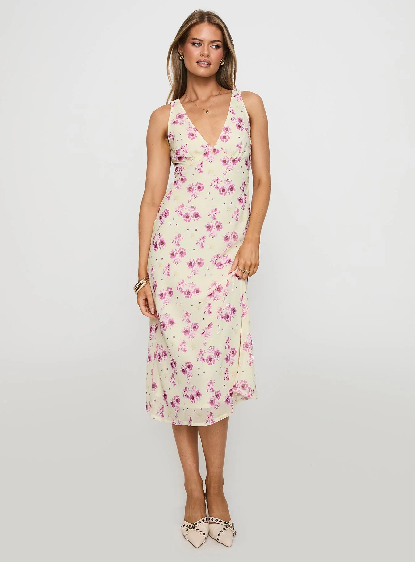 Sweet Flowy V-Neck Sleeveless Tie-Back Midi Pink Floral Print Prom Dress