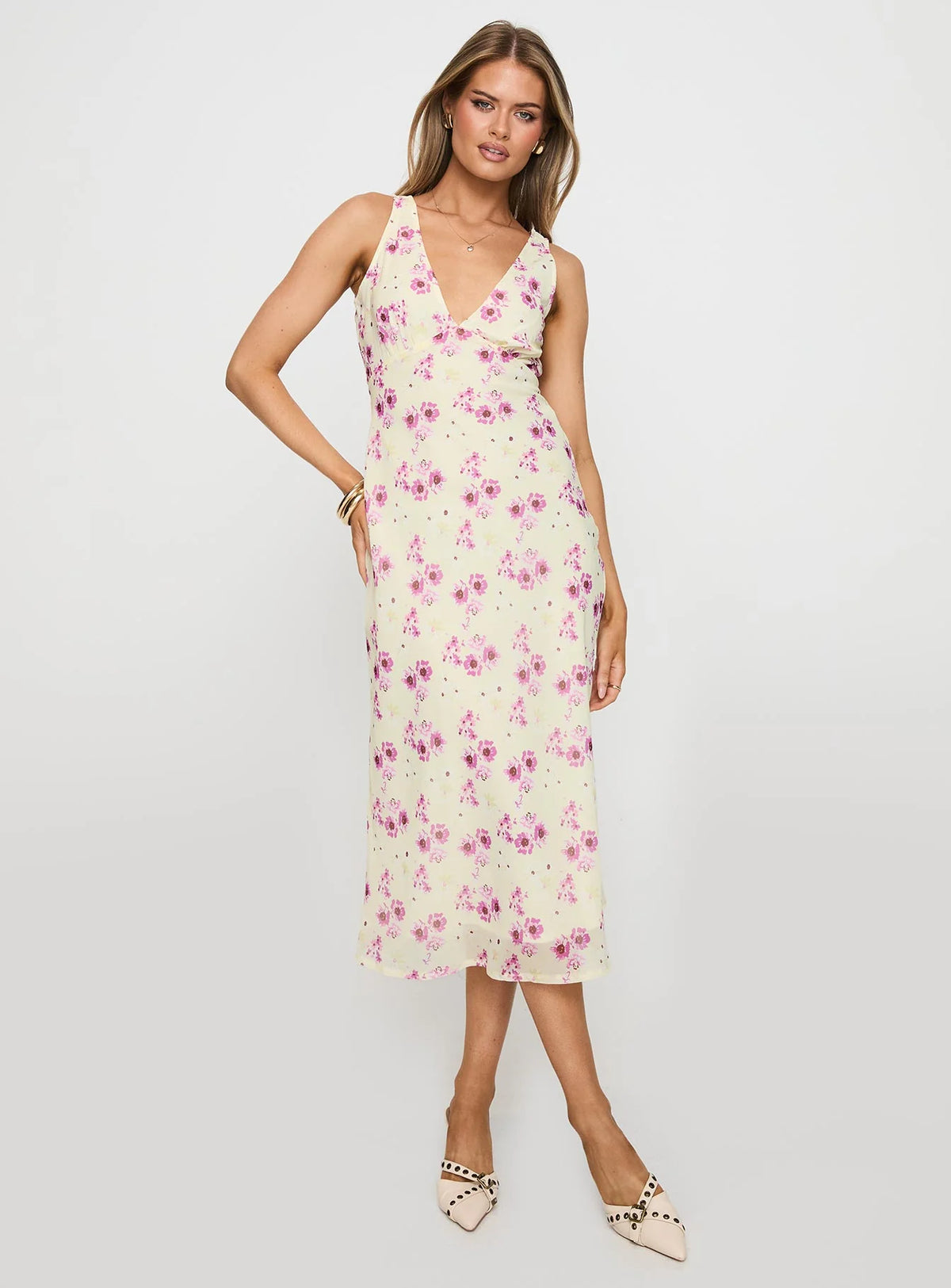 Butter Floral Print Chiffon A-Line Midi Dress