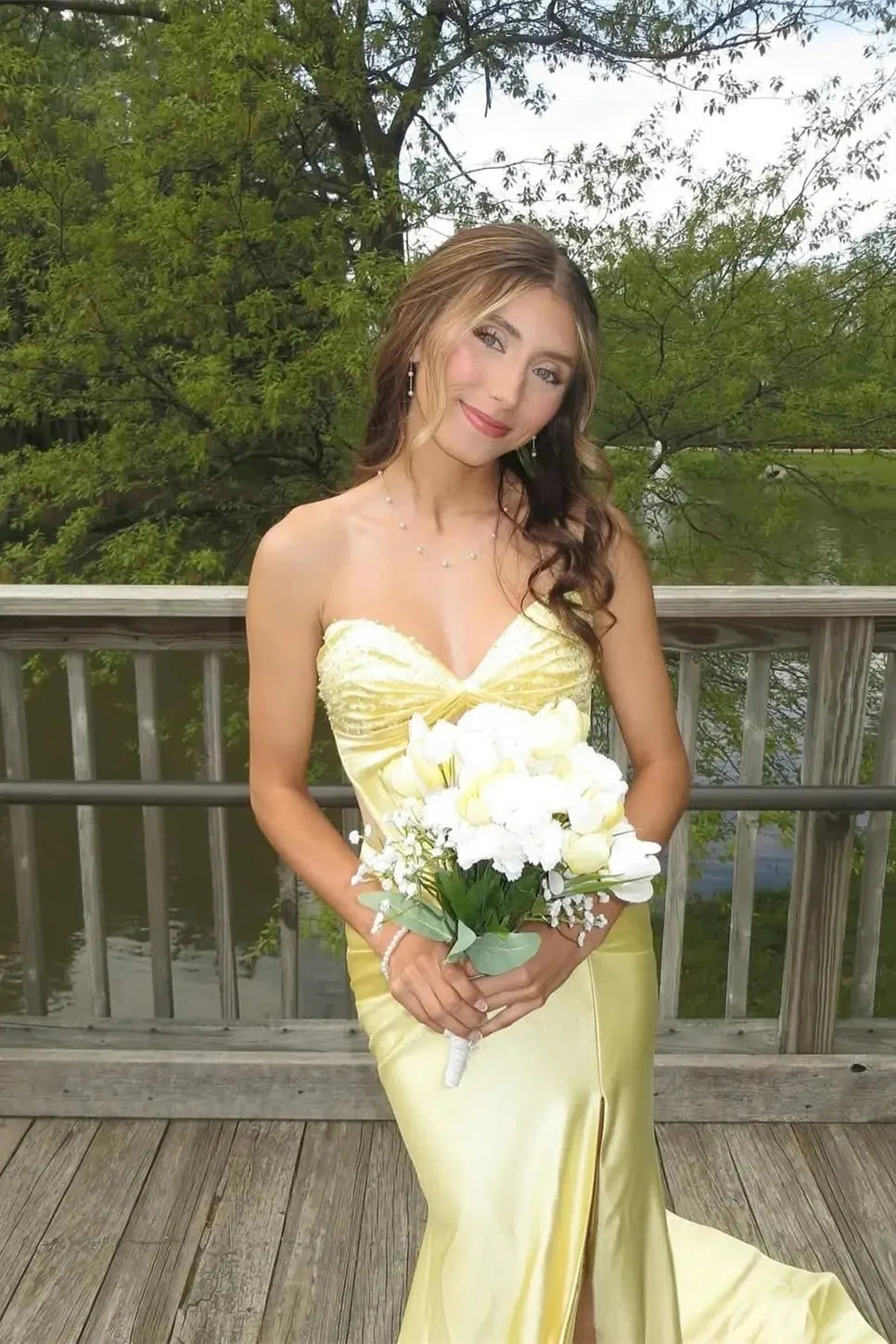 Yellow Satin Mermaid Floor-Length Dress with Ruched Bodice and High Slit