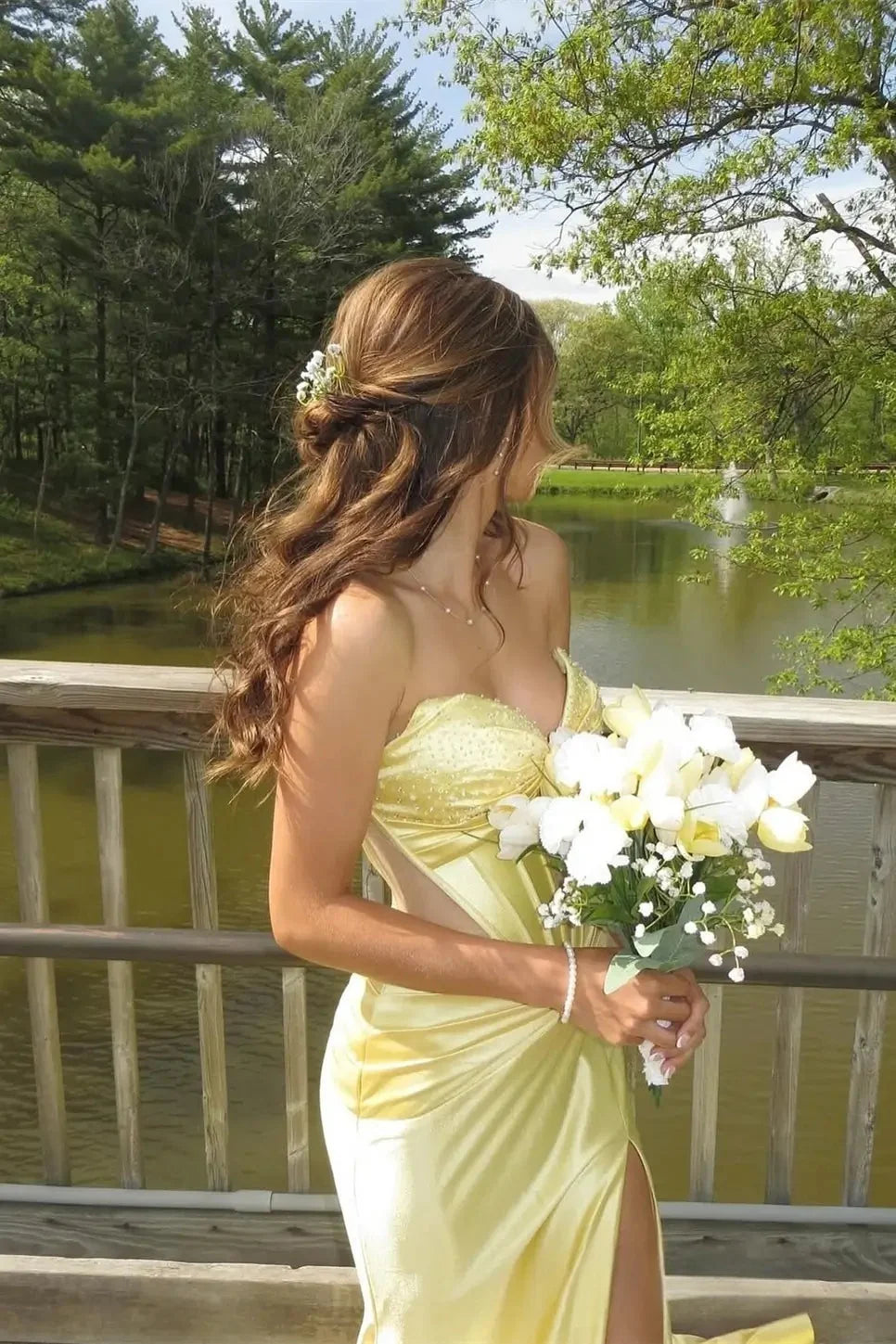 Yellow Satin Mermaid Floor-Length Dress with Ruched Bodice and High Slit