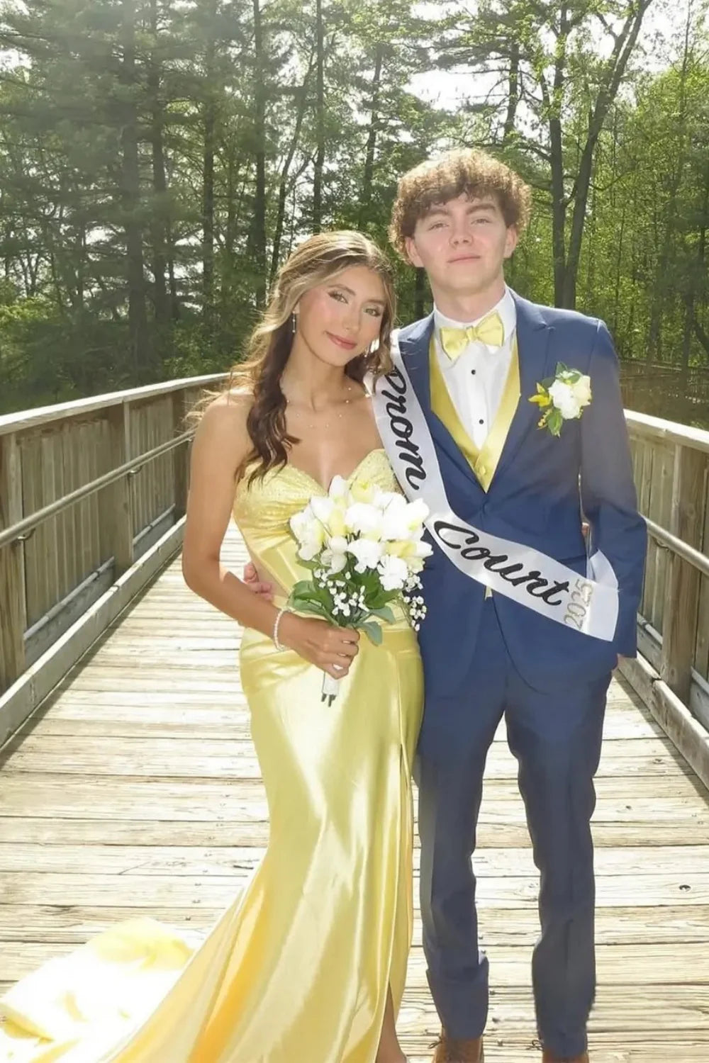 Yellow Satin Mermaid Floor-Length Dress with Ruched Bodice and High Slit