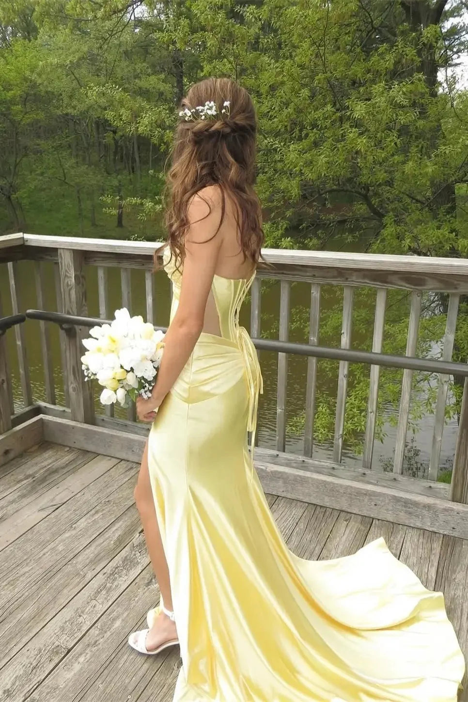 Yellow Satin Mermaid Floor-Length Dress with Ruched Bodice and High Slit