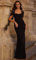 Black Stretch Knit Floor-Length Sheath/Column Dress with Ruched Sweetheart Neckline and Lace Bolero