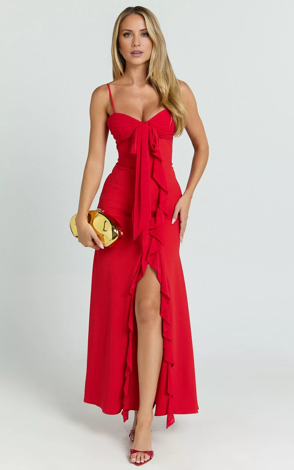 Vestido de fiesta largo hasta el suelo, sin mangas, con escote en forma de corazón, tirantes finos en los hombros, espalda descubierta, barra de hoja de loto con abertura lateral