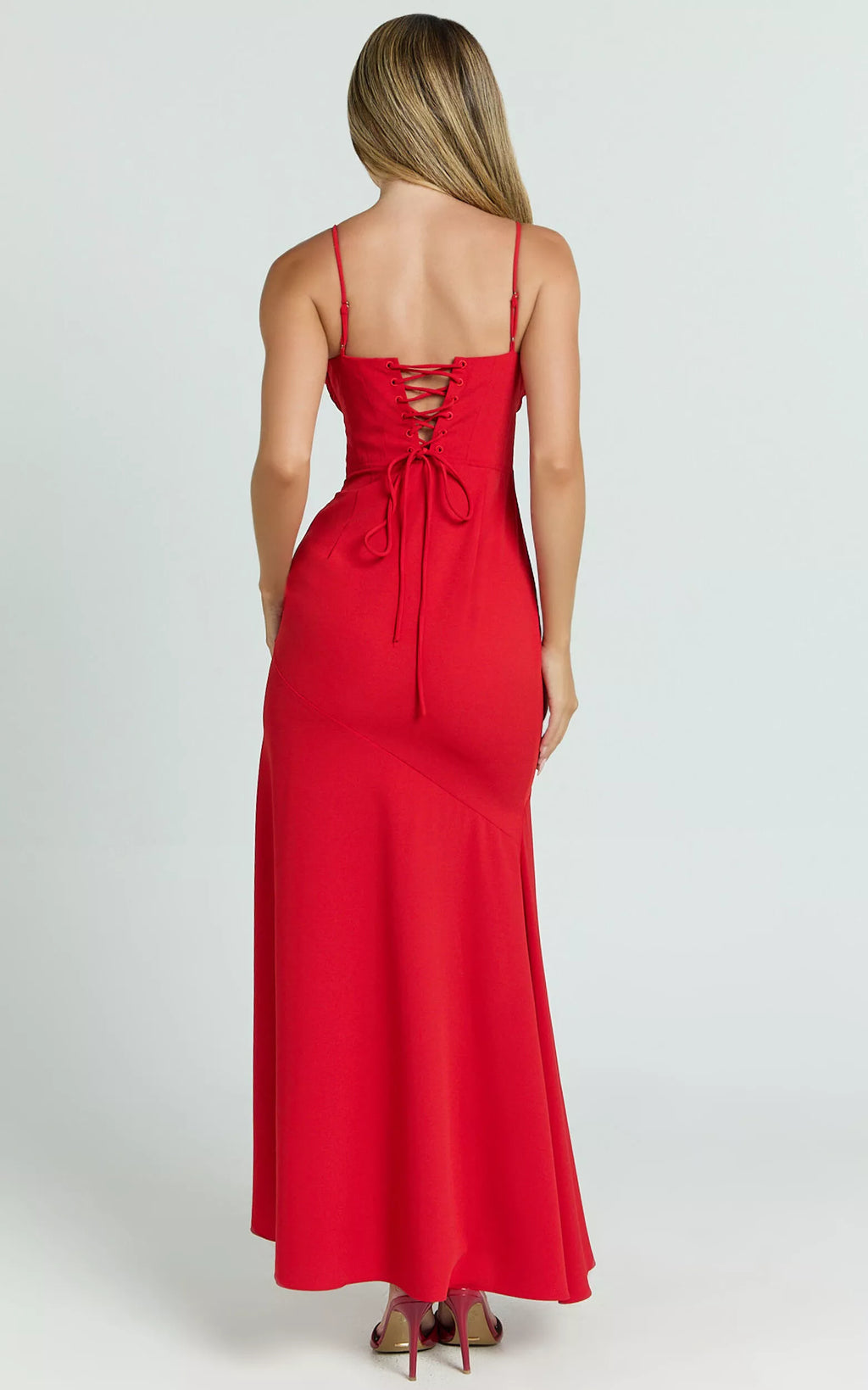 Vestido de fiesta largo hasta el suelo, sin mangas, con escote en forma de corazón, tirantes finos en los hombros, espalda descubierta, barra de hoja de loto con abertura lateral