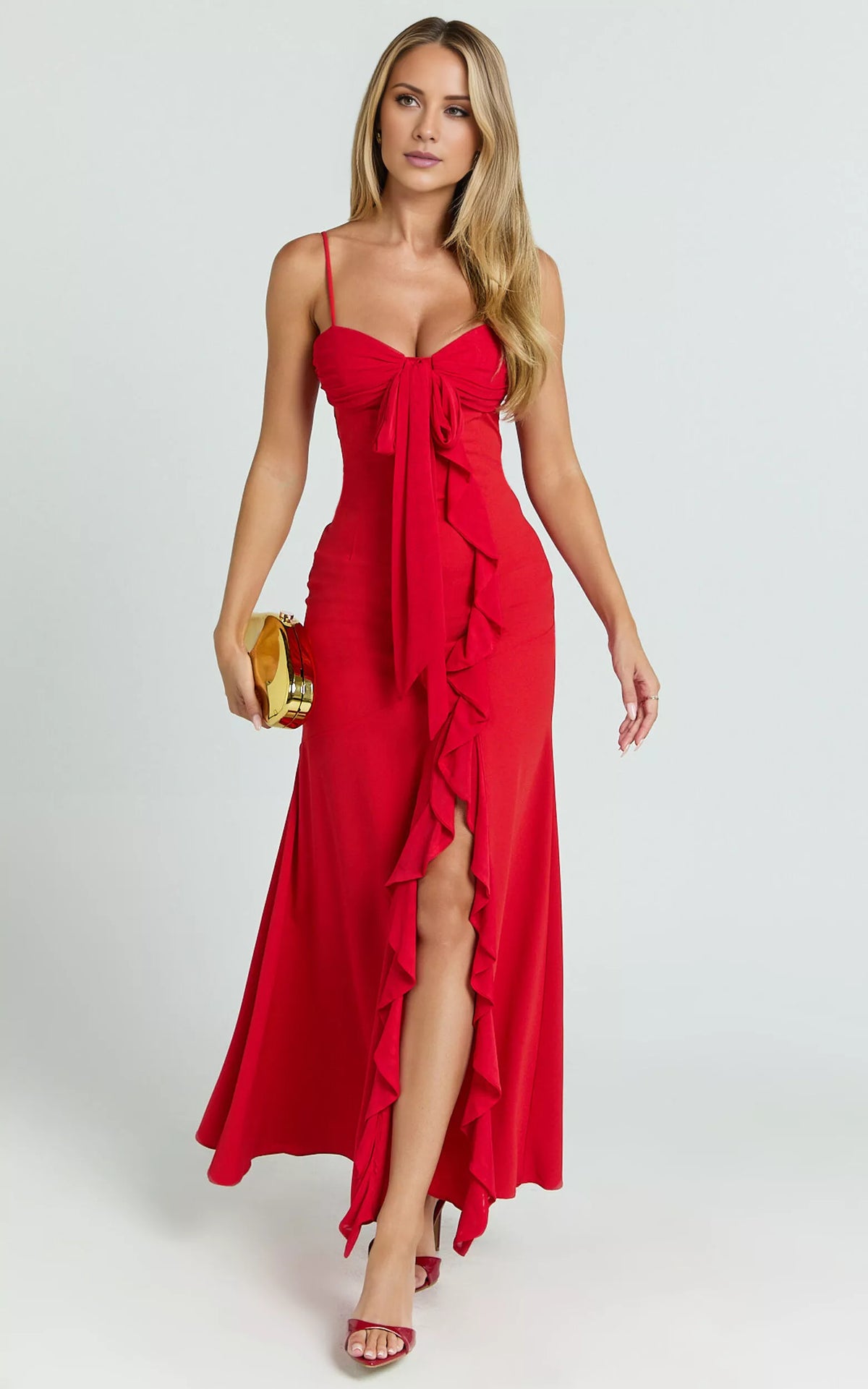 Vestido de fiesta largo hasta el suelo, sin mangas, con escote en forma de corazón, tirantes finos en los hombros, espalda descubierta, barra de hoja de loto con abertura lateral
