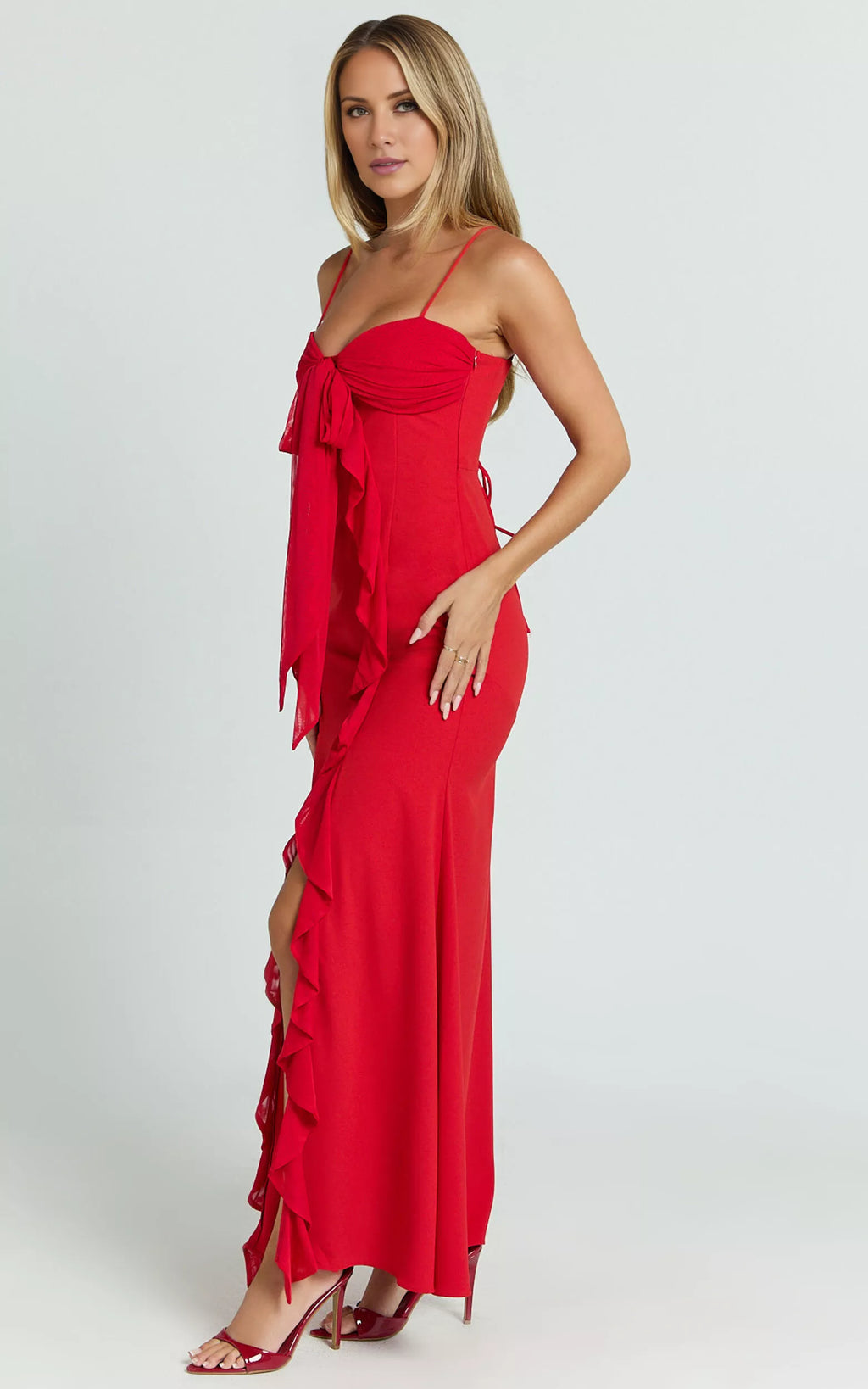 Vestido de fiesta largo hasta el suelo, sin mangas, con escote en forma de corazón, tirantes finos en los hombros, espalda descubierta, barra de hoja de loto con abertura lateral