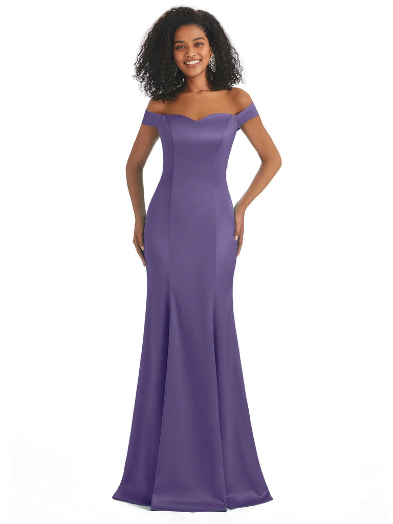 Vestidos de dama de honor largos, sencillos, de satén suave, sin mangas y con hombros descubiertos, de corte sirena