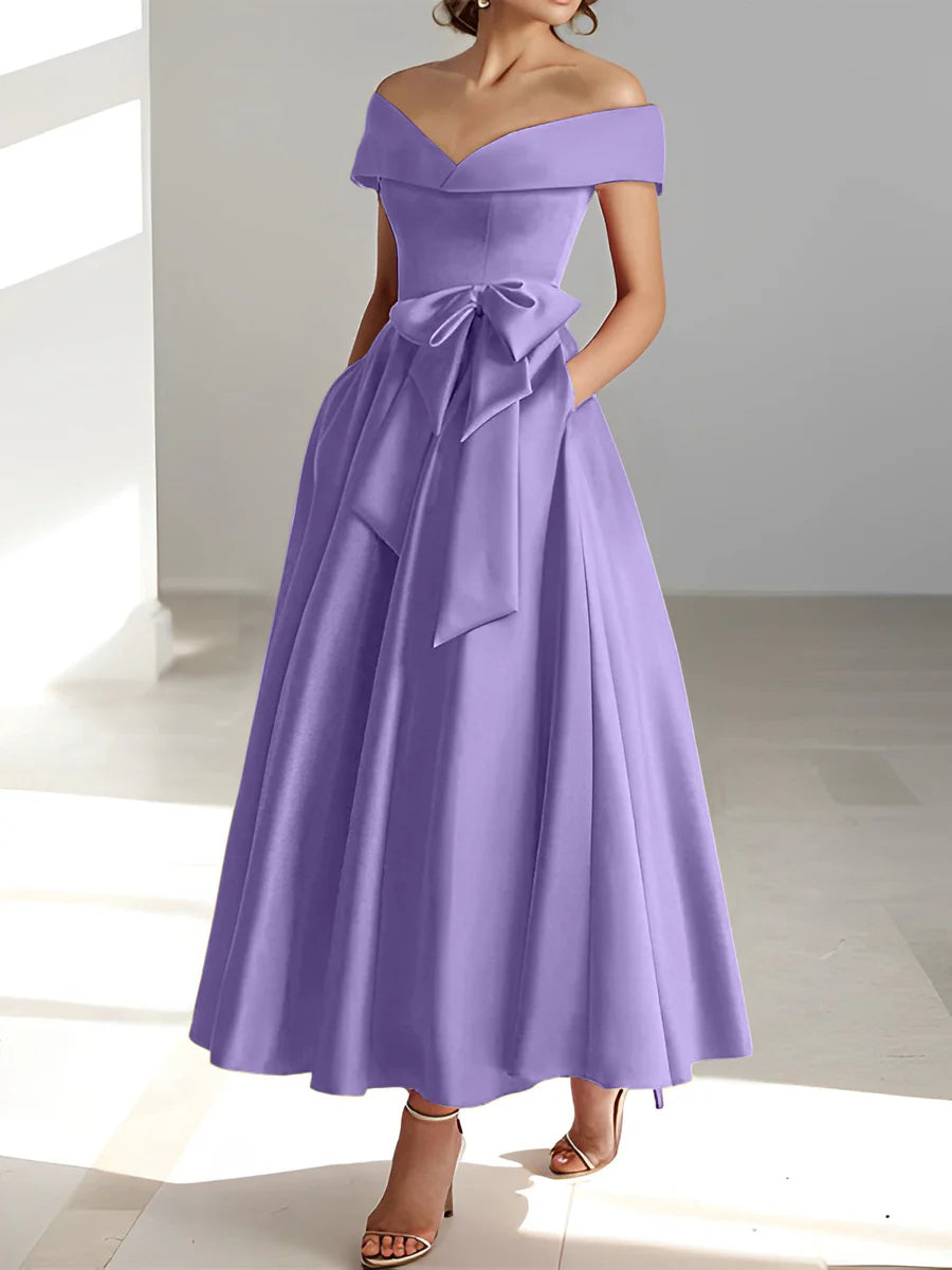 Vestidos de madre de la novia con bolsillos y hombros descubiertos, corte A/Princesa