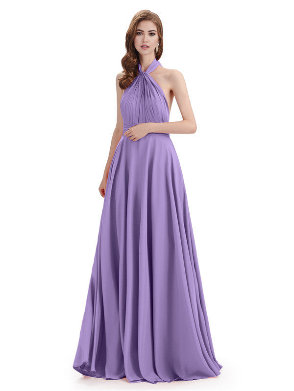 Simple A-Line High Neck Halter Sleeveless Pleats Chiffon Floor Length Bridesmaid Dresses