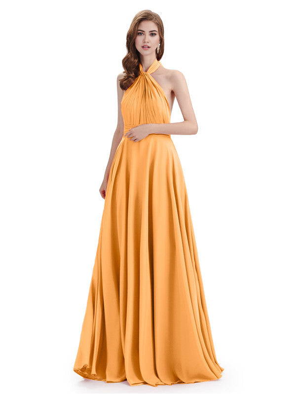 Simple A-Line High Neck Halter Sleeveless Pleats Chiffon Floor Length Bridesmaid Dresses