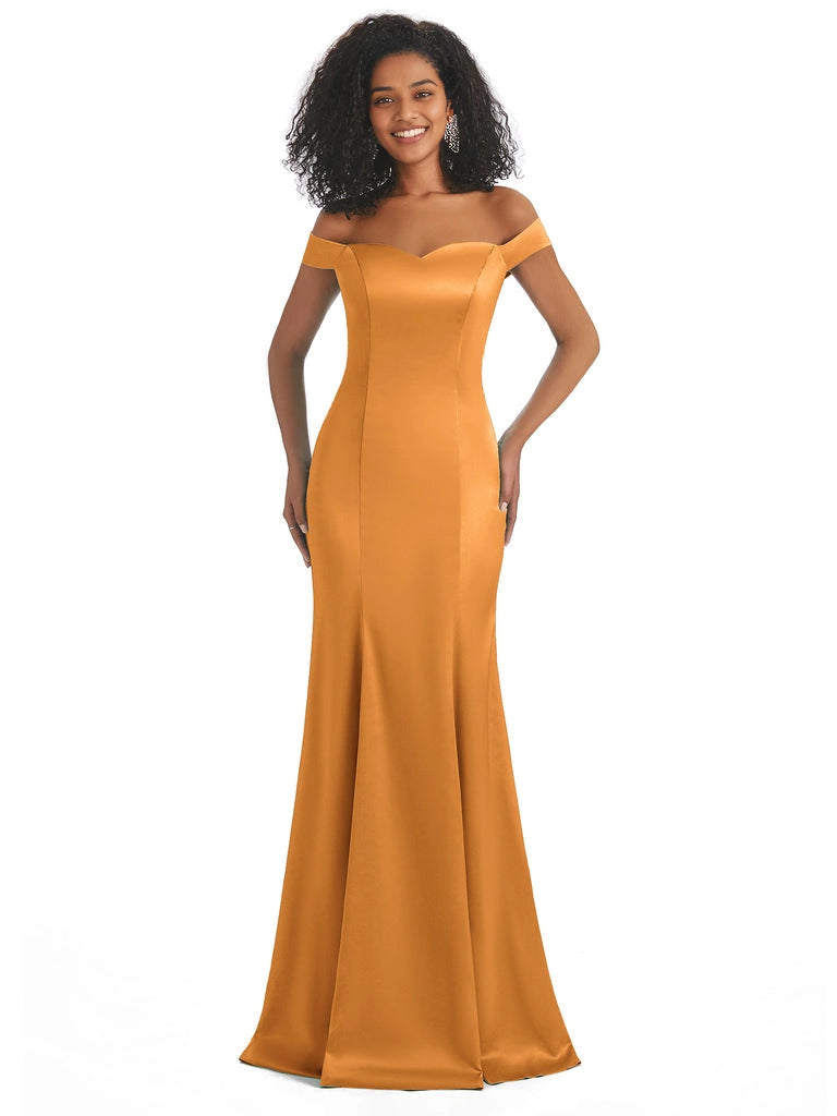 Vestidos de dama de honor largos, sencillos, de satén suave, sin mangas y con hombros descubiertos, de corte sirena