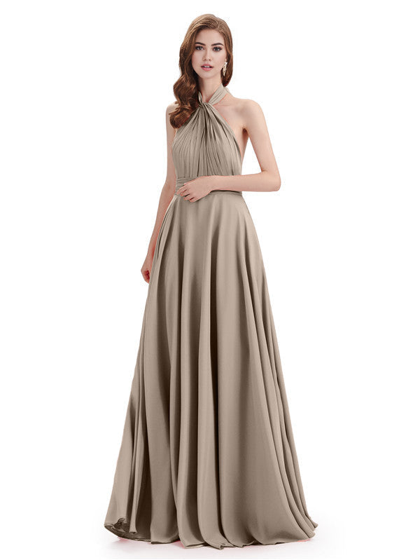 Simple A-Line High Neck Halter Sleeveless Pleats Chiffon Floor Length Bridesmaid Dresses