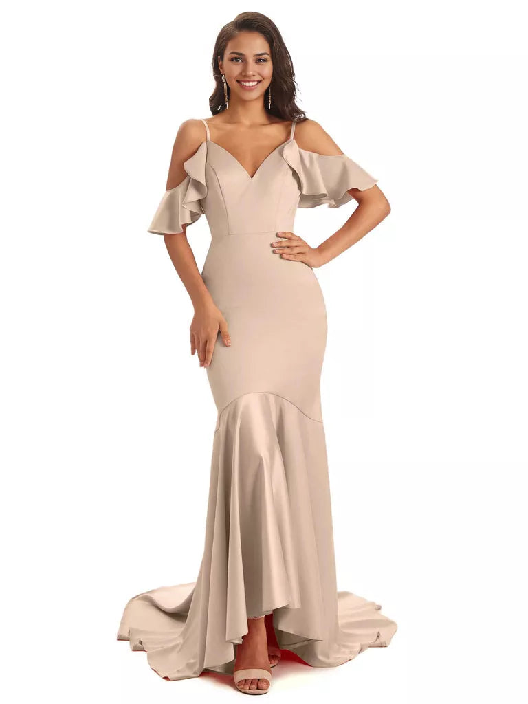 Soft Satin Asymmetric Spaghetti Straps Sleeveless Mermaid Cold Shoulder Bridesmaid Dresses