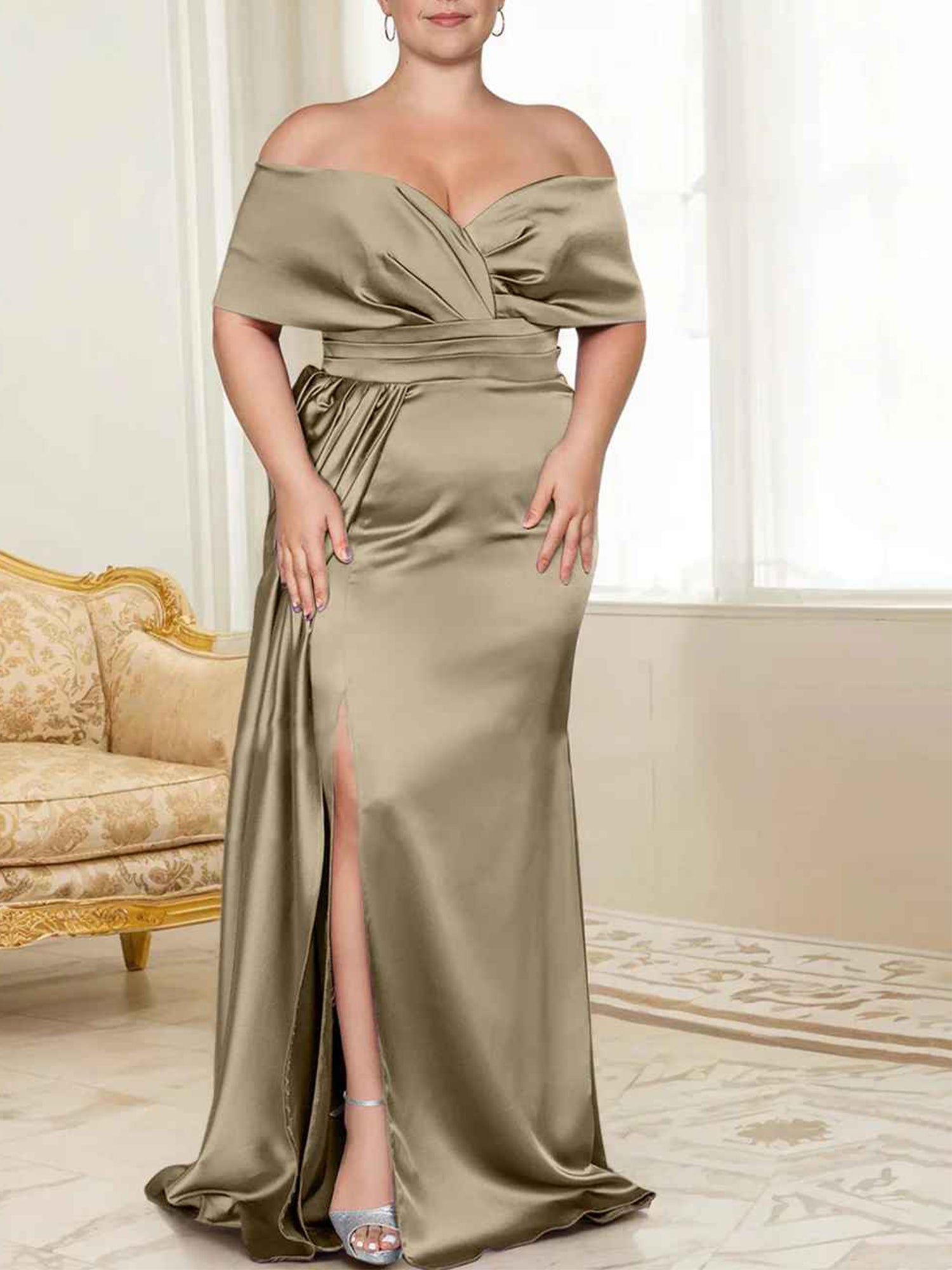 Purple Satin Sheath/column Off-the-Shoulder Floor-Length Evening Dress