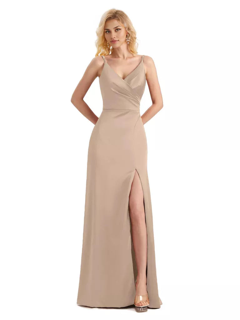 Vestido de dama de honor largo, formal, cruzado, sin mangas, con escote en V y abertura lateral de satén suave y sencillo