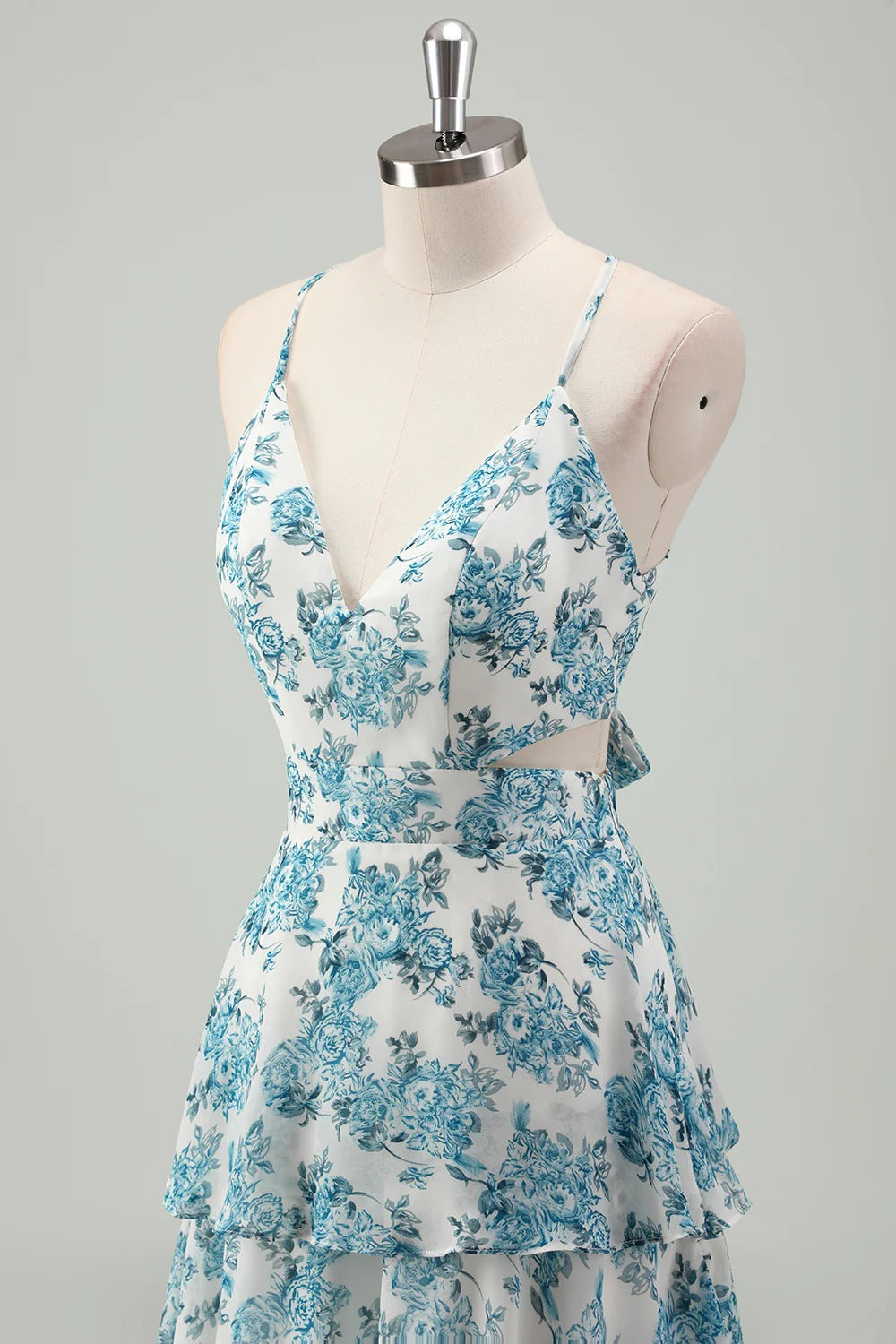 Teal Floral Tiered Ruffle Maxi Dress with Back Bow Cutout