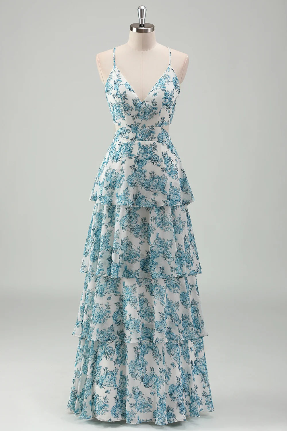 Teal Floral Tiered Ruffle Maxi Dress with Back Bow Cutout