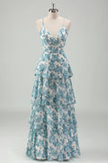 White Chiffon Tiered Floor-Length Evening Dress with V-Neck and Waist Cut-outs